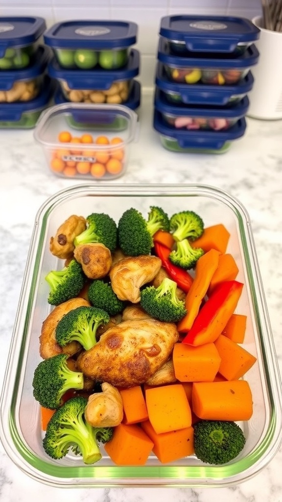Meal prep container with air-fried chicken, broccoli, bell peppers, and sweet potatoes.